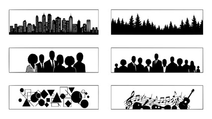 Assortment of black and white illustrations featuring cityscapes, people, and abstract designs