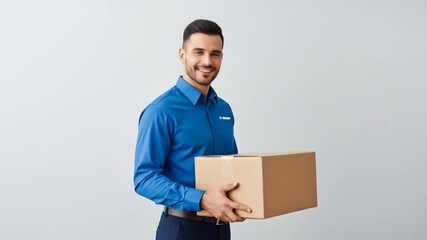 A smiling man in a blue shirt holding a cardboard box, likely a delivery or courier service. - Powered by Adobe
