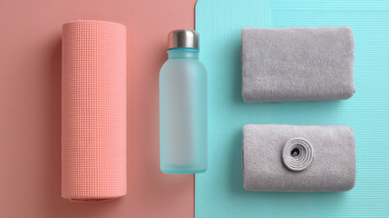 Yoga Essentials with Water Bottle, Towel, and Mat on Soft Pastel Background, Fitness and Meditation Class