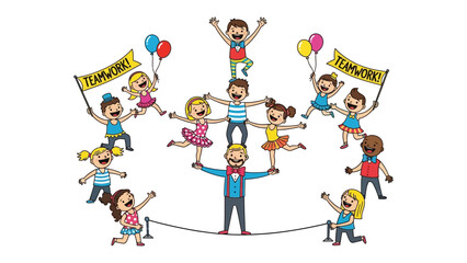 Playful Teamwork: A vibrant and lively illustration depicts a circle of children collaborating, conveying the spirit of cooperation and achieving their goals