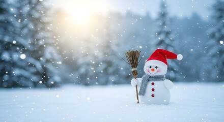 Fototapeta premium Feliz Navidad y Julito Tarjeta de felicitación de Año Nuevo con Copy-Space. Hombre de nieve Happy en paisaje navideño.