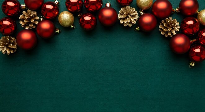 Fila de decoraciones de bola de Navidad roja y conos de pino sobre un fondo verde