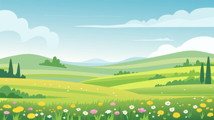 Fototapeta premium a serene landscape with rolling hills vibrant flowers and fluffy clouds