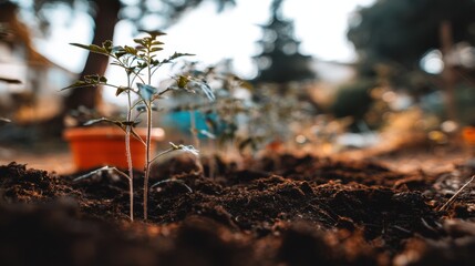 Planting new beginnings tomato seedling growth in a sunny backyard garden environment
