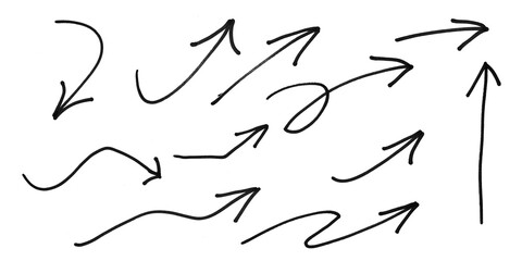 set of hand drawn arrows,hand draw of grunge black arrow marker isolated transparent png background,Design template or mockup,hand drawn vector illustration of a brush