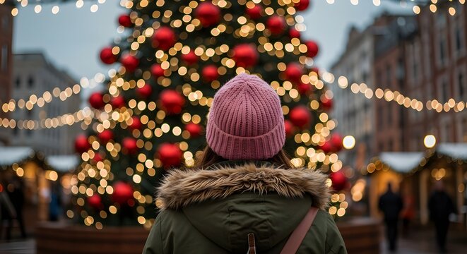 Chica con parka verde y gorro rosa parado frente a un &aacute;rbol de Navidad