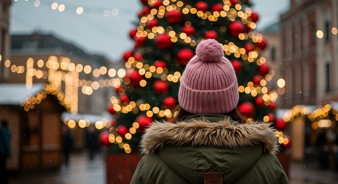 Chica con parka verde y gorro rosa parado frente a un &aacute;rbol de Navidad