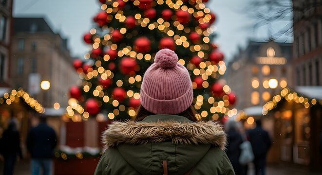Chica con parka verde y gorro rosa parado frente a un &aacute;rbol de Navidad
