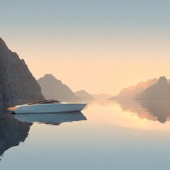 A sleek boat rests peacefully on a serene lake surrounded by majestic mountains, its reflection shimmering in the calm waters, creating a tranquil and picturesque landscape of natural beauty