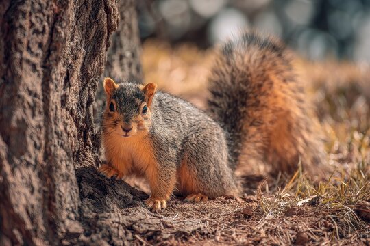 Eastern fox squirrel foraging in the park on a bright day