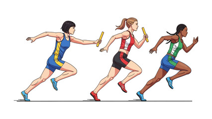 Relay Race: A dynamic illustration captures the essence of teamwork as three athletes compete in a relay race, passing the baton, symbolizing collaboration, speed.
