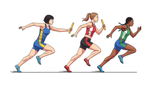 Relay Race: A dynamic illustration captures the essence of teamwork as three athletes compete in a relay race, passing the baton, symbolizing collaboration, speed.