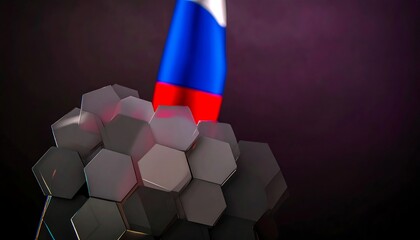 Russian flag atop a cluster of hexagonal structures