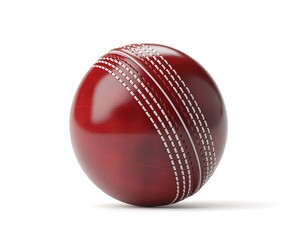 Red leather cricket ball with white stitching on a white background