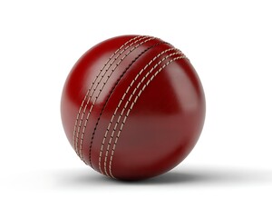 Close up of a traditional red leather cricket ball on a white background