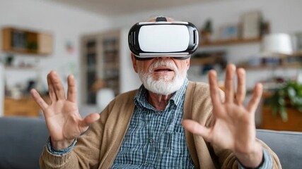 Virtual World Exploration: An elderly man wearing a VR headset, reaching out with his hands, embodies the seamless fusion of technology and human experience. - Powered by Adobe
