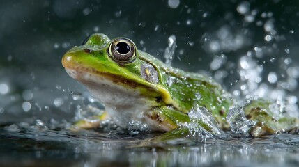 Obraz premium Green frog in water with splashing droplets