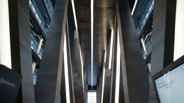 Futuristic atrium interior with symmetrical geometric columns in cinematic architecture