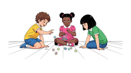 Childhood Friendship: Three children, absorbed in a game of marbles, embody the essence of playful camaraderie and simple joys.