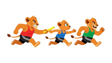 Lion Cubs Relay Race: A dynamic illustration of lion cubs competing in a relay race, demonstrating teamwork, sportsmanship, and the thrill of athletic competition.