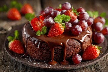 Delicious chocolate dessert topped with fresh strawberries and grapes