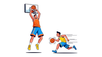 Basketball Action Illustration: Dynamic illustration captures the essence of basketball, depicting a player's powerful jump towards the hoop and a player dribbling at speed.