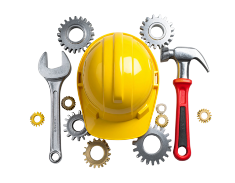  Labour Day celebration with construction tools and gear isolated on transparent background