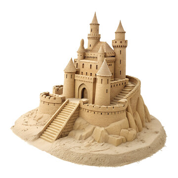 An elaborate sand castle featuring numerous spires, turrets, and fortified walls is proudly isolated on a clean transparent background.