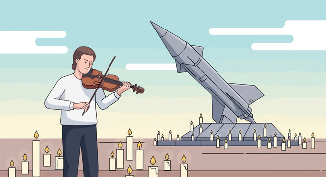 A violinist plays a solemn tribute surrounded by lit candles in front of a large rocket monument. - Powered by Adobe