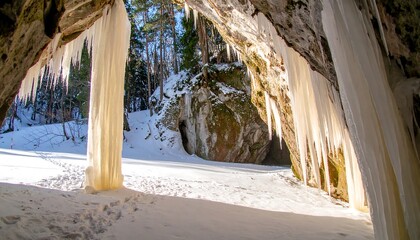 Frozen cave entrance in winter sunlight