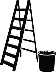 Silhouette of a ladder and paint bucket on a white background for advertising