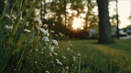 Evening sunlight illuminates wildflowers in a tranquil garden nature scene serene atmosphere low angle view