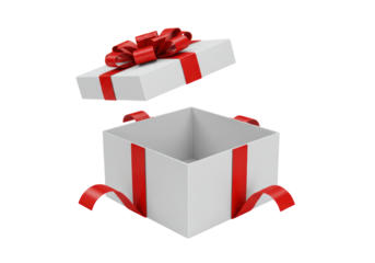 Isolated open gift box with red ribbon and bow, surprise present for Christmas or birthday