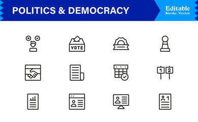 Politics and Democracy line icon set, modern professional vector collection of government, voting, civic rights, election, and policy-related minimal outline illustrations.