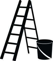 Silhouette of a ladder and paint bucket on a white background for advertising