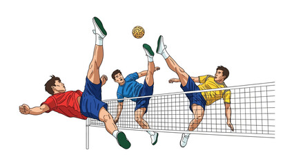 Sepak Takraw Action: Dynamic illustration showcasing the athleticism and skillful coordination of a Sepak Takraw match, with players executing acrobatic kicks to propel the rattan ball over the net.