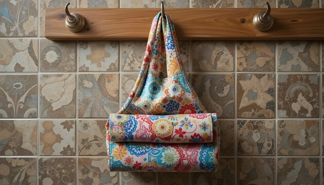 Vibrant Kitchen Apron on Wooden Hook with Tiled Background