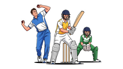 Cricket Action in Play: This illustrates the dynamic action of cricket with batsman, bowler and wicket-keeper in a game. Emphasizing teamwork, action, and sporting spirit.