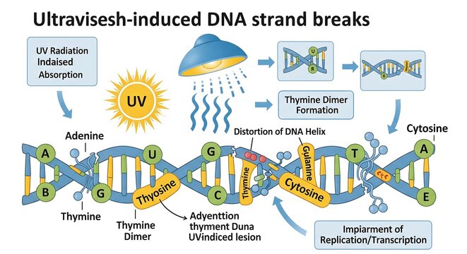 A scientific illustration depicting the molecular mechanism of DNA damage caused by UV radiation, showing thymine dimer formation and helix distortion
