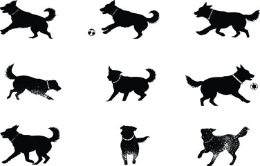 Silhouettes of playful dogs in various poses, some interacting with a ball, showcasing joyful and active canine behavior.