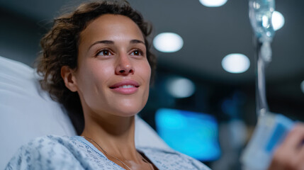 A female patient, receiving IV treatment, expresses joy and positivity, showcasing the uplifting spirit that can enhance the healing process amidst medical care.
