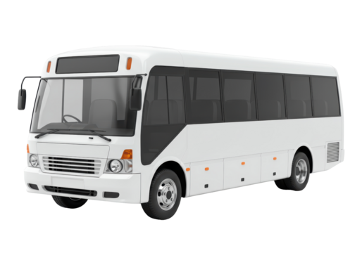 Isolated white passenger transport bus viewed from an angle ready to transport people safely