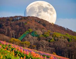Full moon over colorful hillside flower field