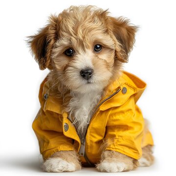 Adorable studio portrait of a fluffy Havapoo puppy wearing a yellow raincoat. The puppy sits patiently, isolated on a seamless white background.