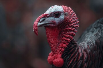 Close up of a turkey featuring a large red protrusion on its head