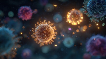 Fototapeta premium Virus vs immunity, glowing cells in microscopic battle, 3D illustration.