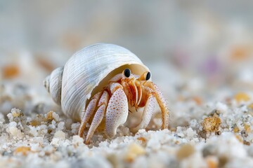 Close up of a tiny hermit crab with a white shell on the sand in Palau