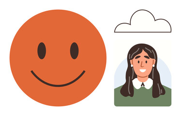 Large orange smiling face, a fluffy cloud shape, and a portrait of a woman with earrings and long hair. Ideal for happiness, positivity, communication, self-expression, creativity, social