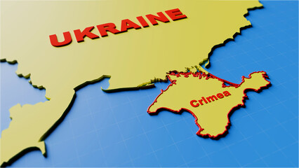 closeup of blue yellow highlight Crimea and Ukraine map 3d illustration graphic style background