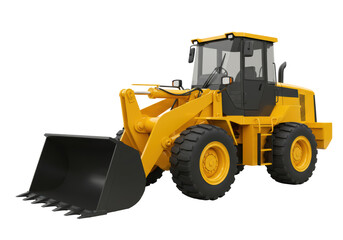 Isolated yellow wheel loader with articulated steering construction equipment, no background